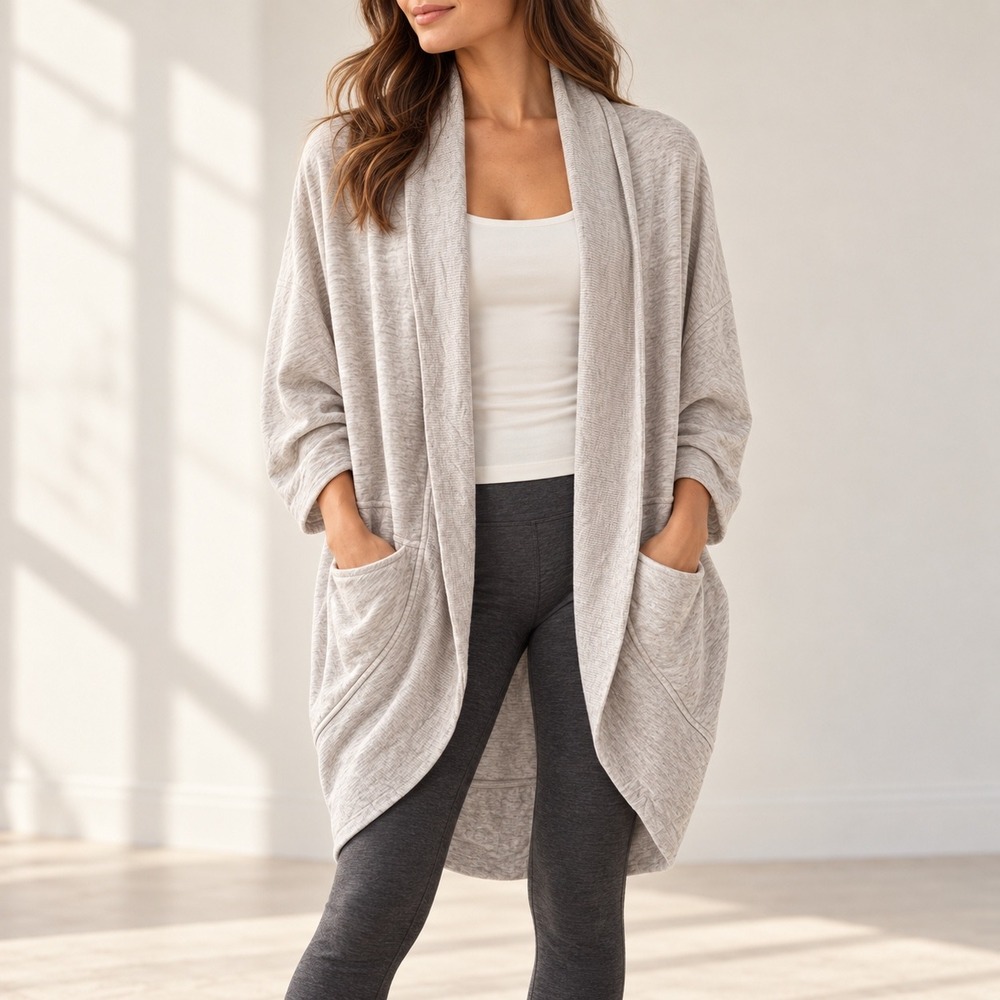 Athleta Pranayama Wrap Oatmeal Heather Open Front Cardigan XXS XS Pocket Cocoon